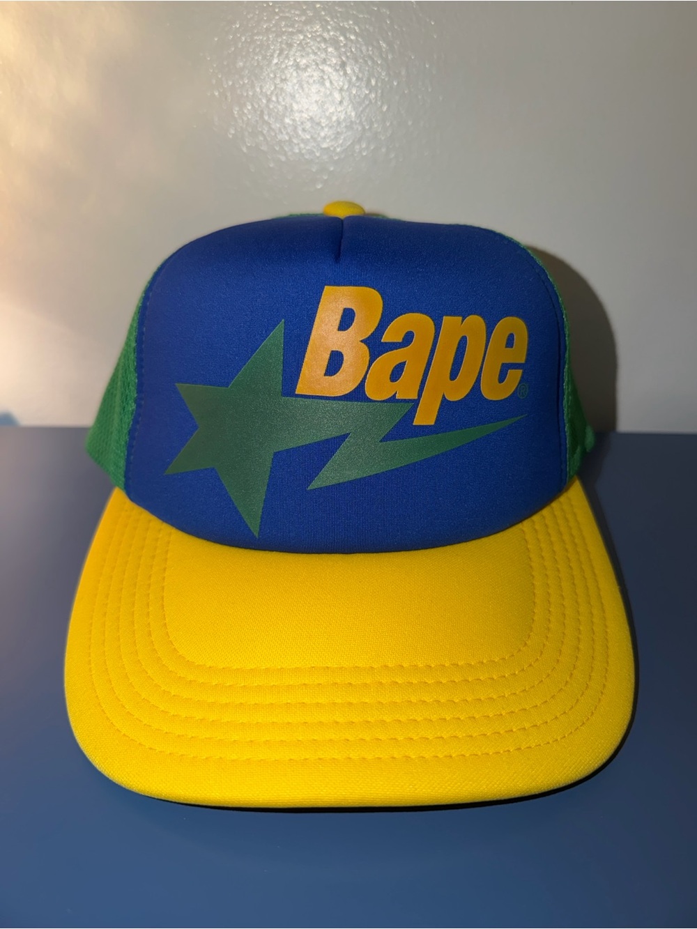 Bape Trucker Hat in Blue, Yellow & Green